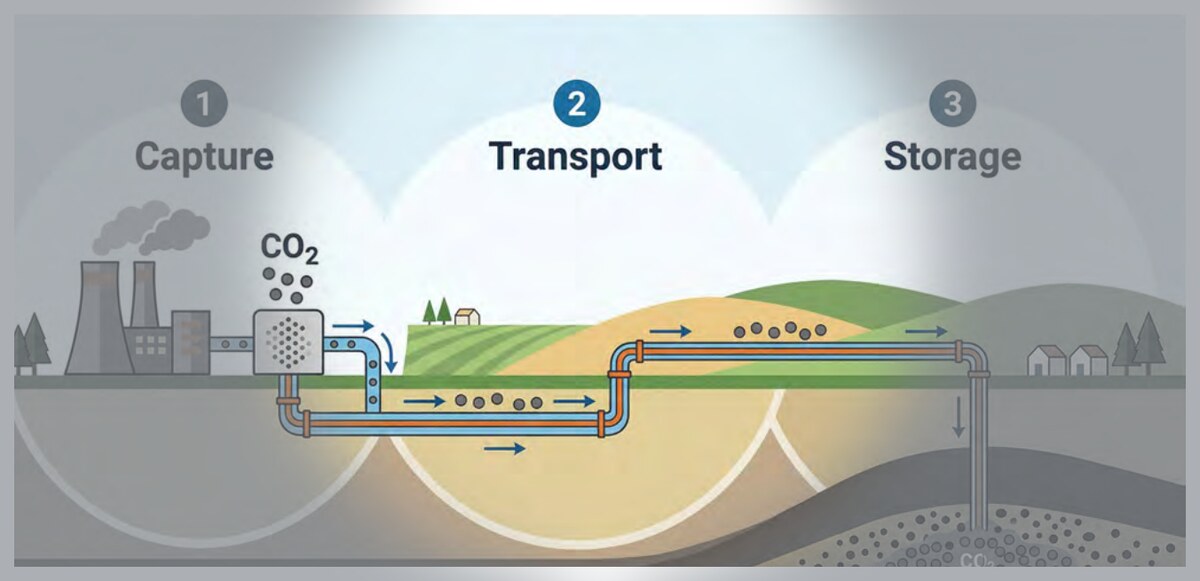 Carbon capture diagram, Transport stage highlighted.
